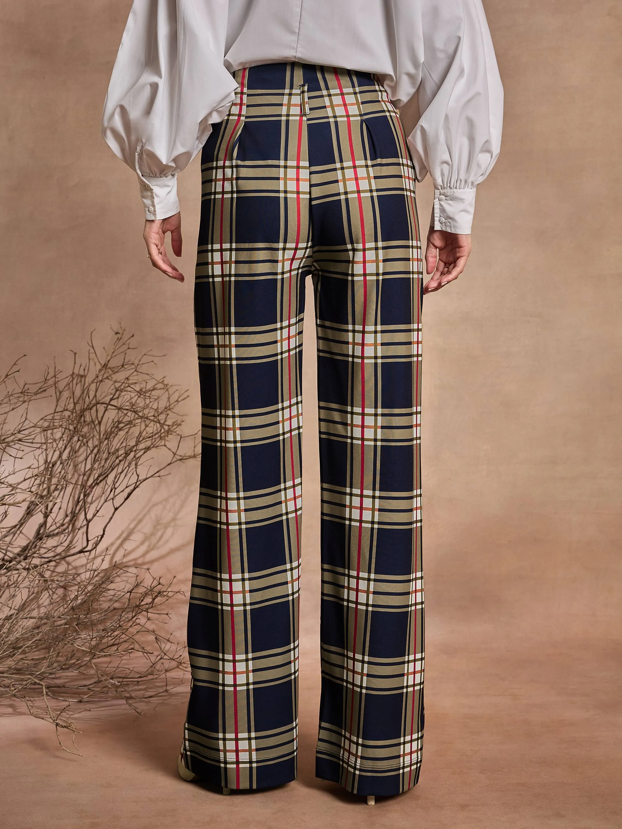 Women Navy Blue Check High Rise Wide Leg Pants