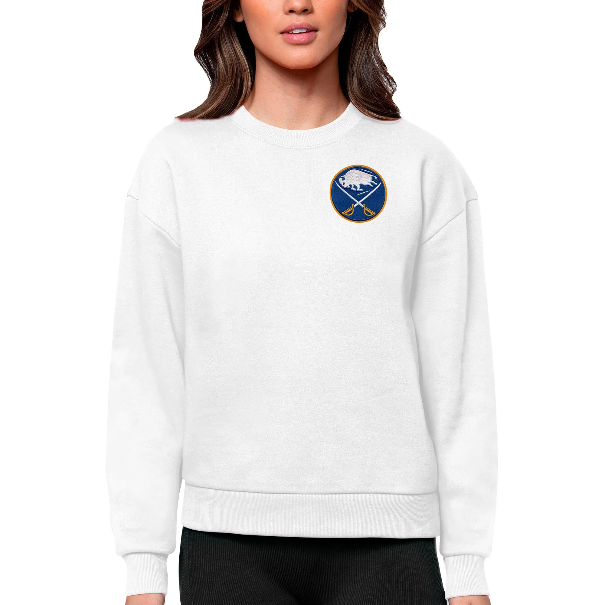 Women's Buffalo Sabres Antigua White Primary Logo Victory Crewneck Pullover Sweatshirt