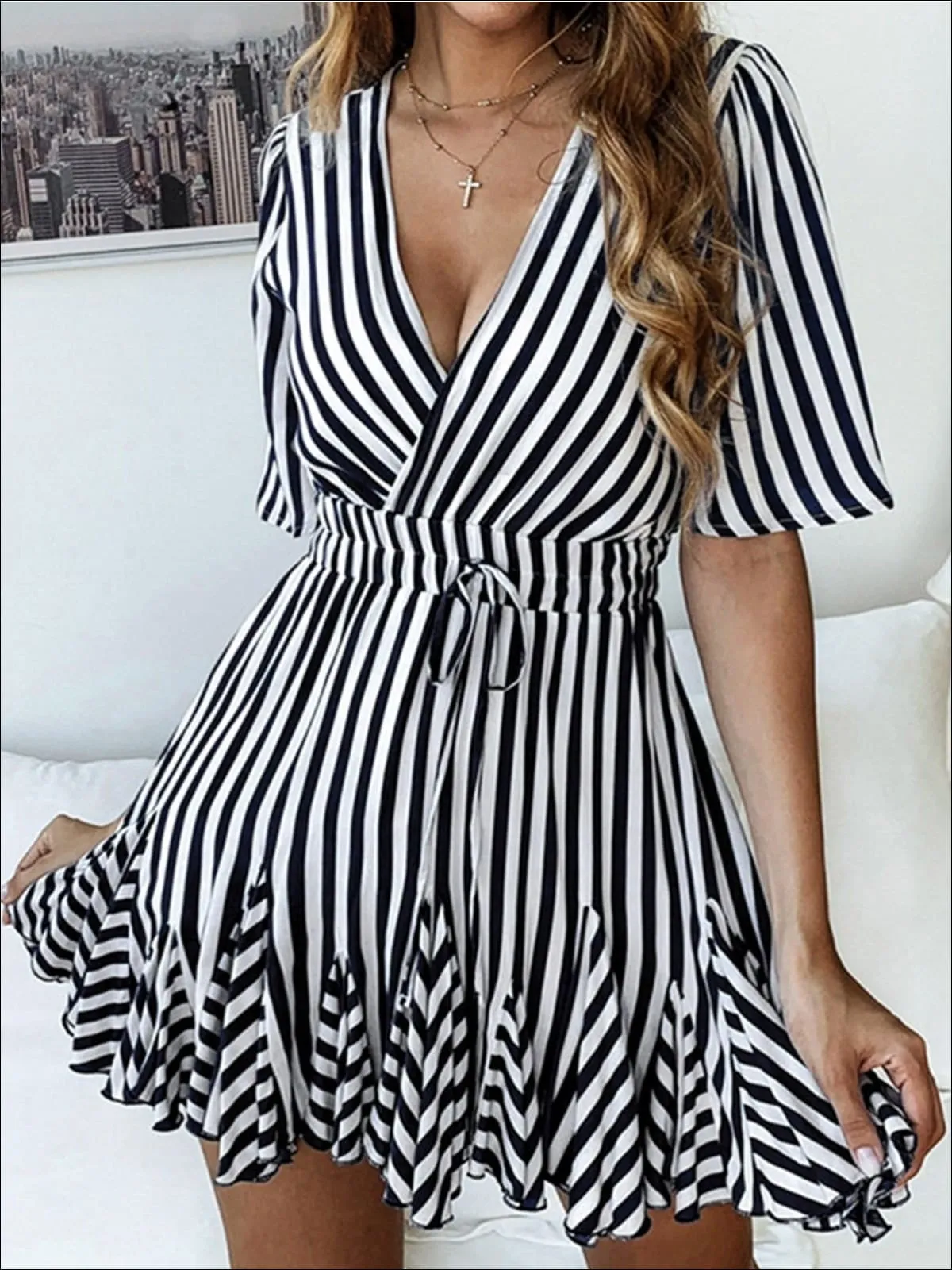 Women's Striped Faux Wrap Ruffle Detail A-Line Dress