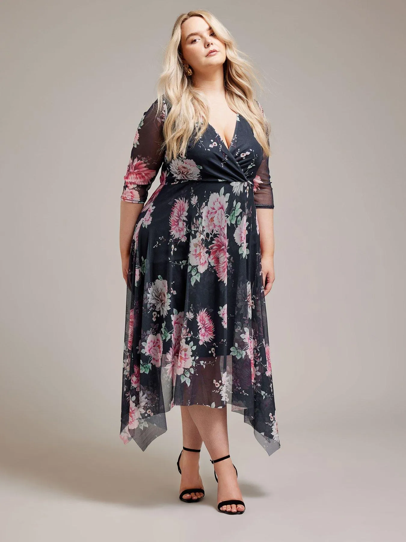 Yours Curve Floral Mesh Wrap Hanky Hem Dress