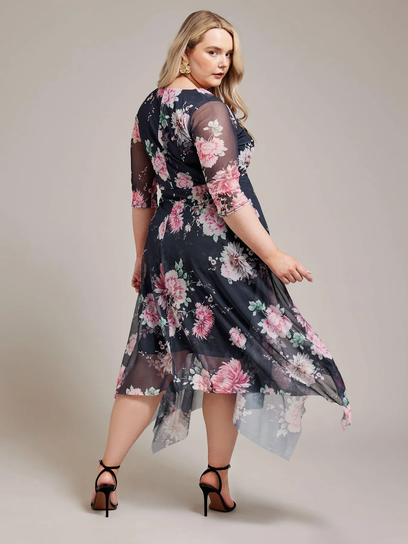 Yours Curve Floral Mesh Wrap Hanky Hem Dress