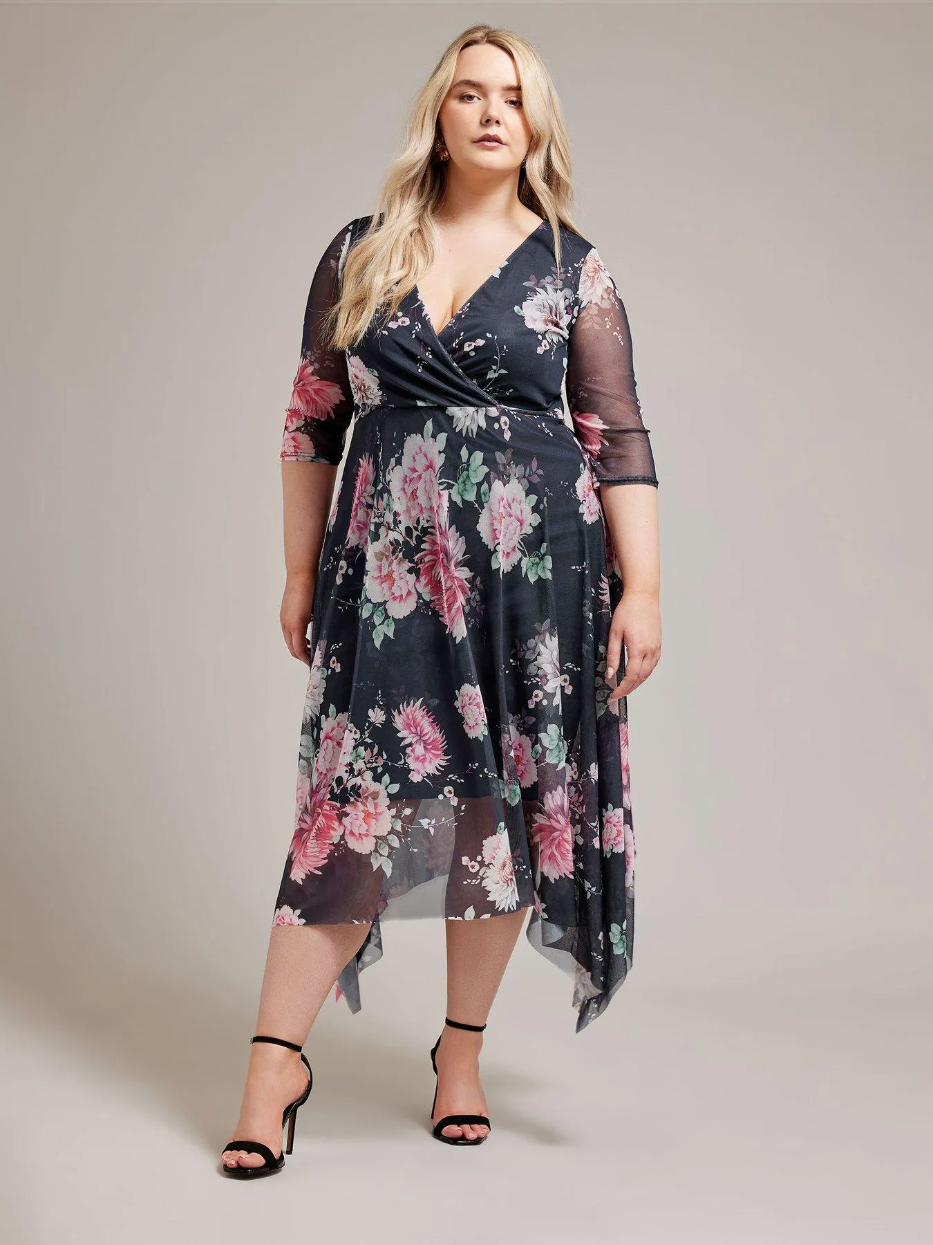 Yours Curve Floral Mesh Wrap Hanky Hem Dress