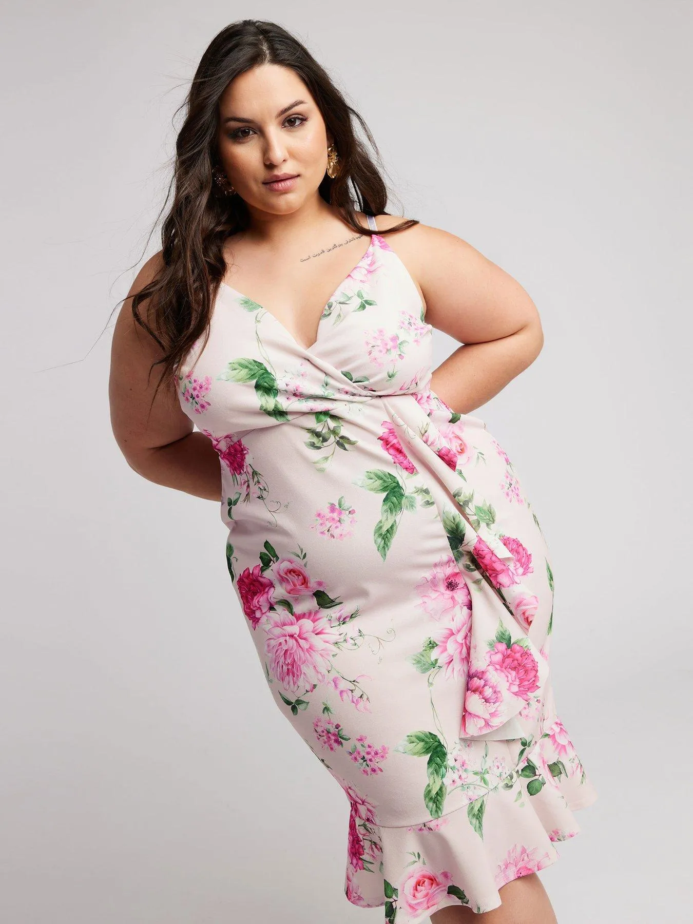 Yours Floral Ruffle Wrap Dress (Curve) - Pink