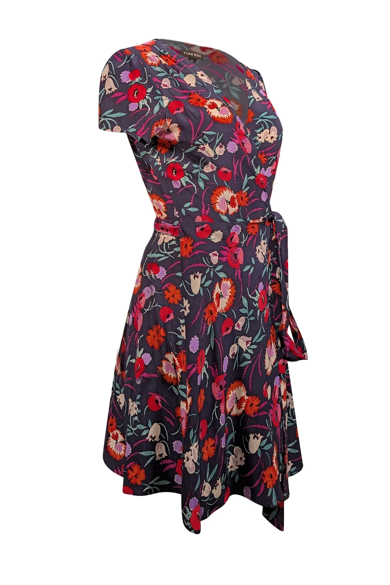 Yumi Kim - Navy w/ Red & Purple Floral Print Silk Wrap Dress Sz M