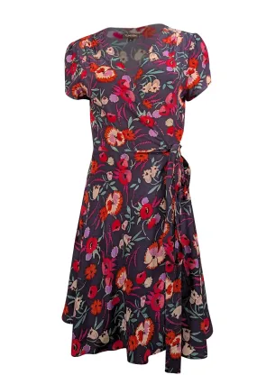 Yumi Kim - Navy w/ Red & Purple Floral Print Silk Wrap Dress Sz M