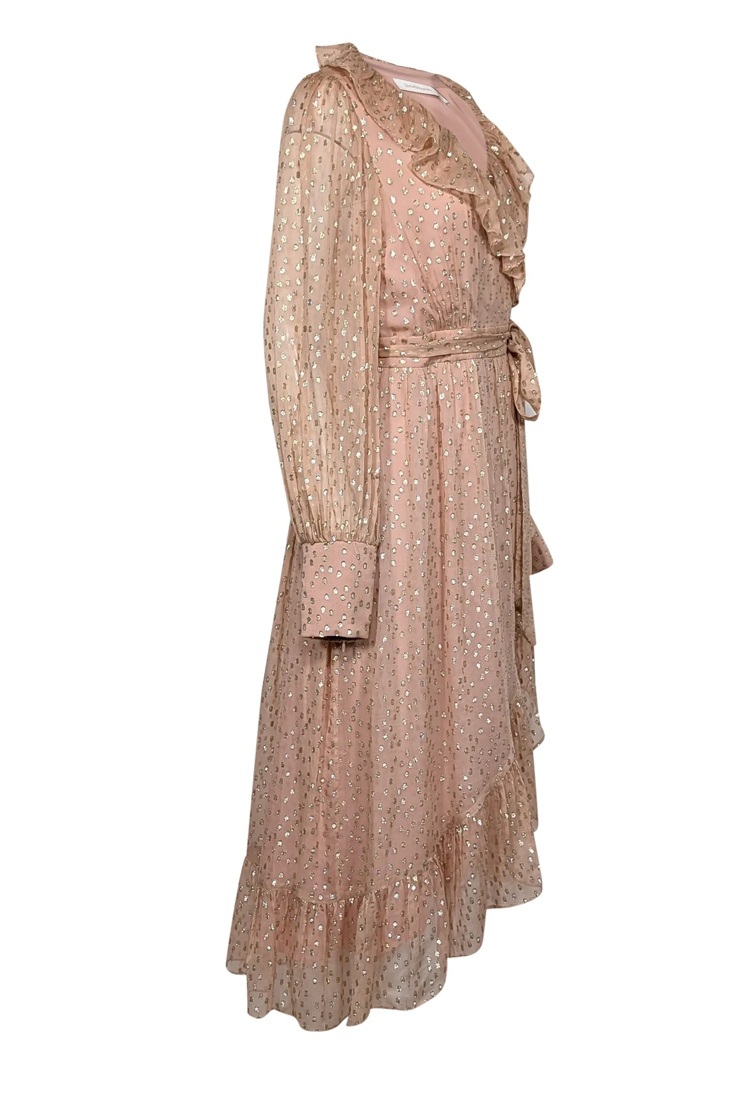 Zimmermann - Blush Silk & Metallic Fil Coupe Wrap Dress Sz 10