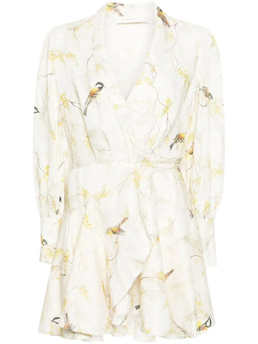 ZIMMERMANN    Zimmermann Floral Print Linen Wrap Mini Dress